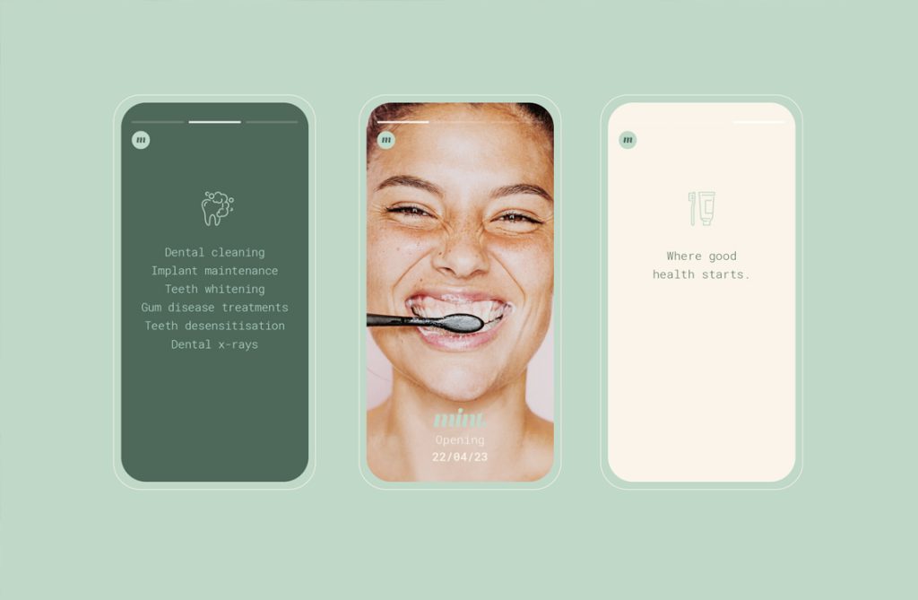 Mint mobile brand graphics with icons and girl smiling brushing teeth