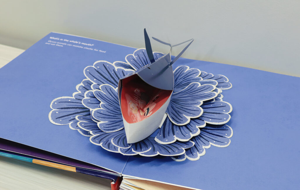 Pop up book of a whale with an open mouth