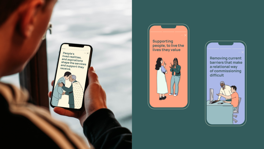 Mobile graphics featuring illustrations of people connecting for Social Sector Commissioning 