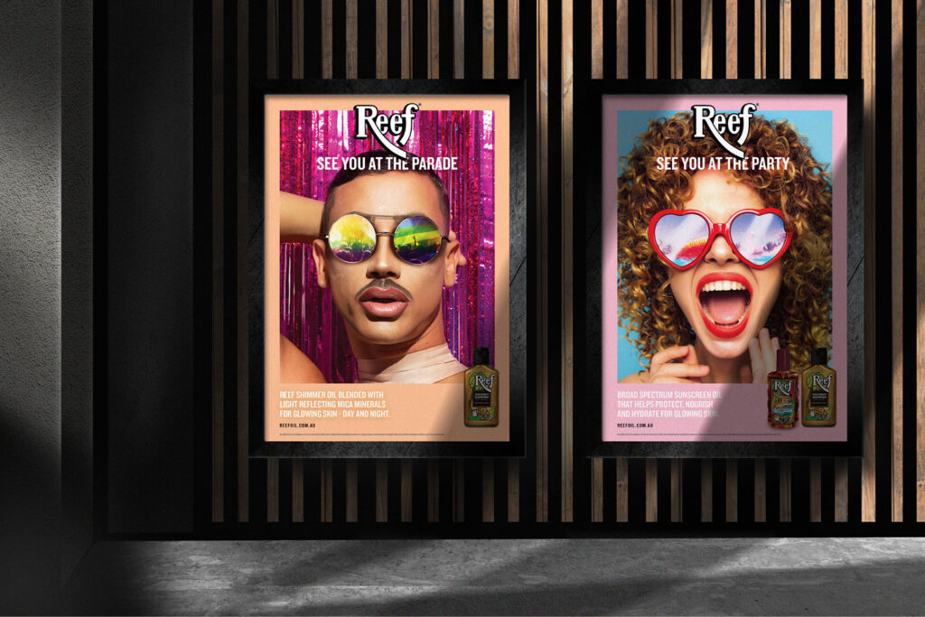 Reef poster mockup. Two posters feature a man and a woman's face wearing sunglasses. Text says: "See you at the parade" and "See you at the party"