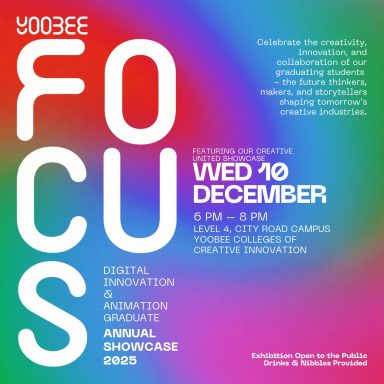 FOCUS Annual Showcase 2025 poster with bold vertical typography on a vibrant multicolour gradient background, announcing a one-night graduate exhibition at Yoobee Colleges of Creative Innovation.